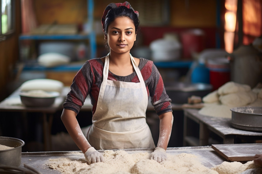 Skilled Indian woman baker kneads dough in her kitchen a blurred background