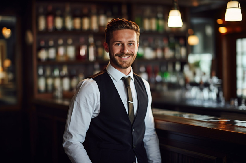 Assured bar manager oversees operations against a blurred background