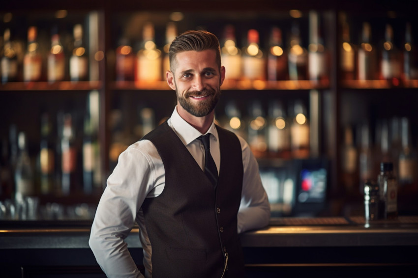 Assured bar manager oversees operations against a blurred background