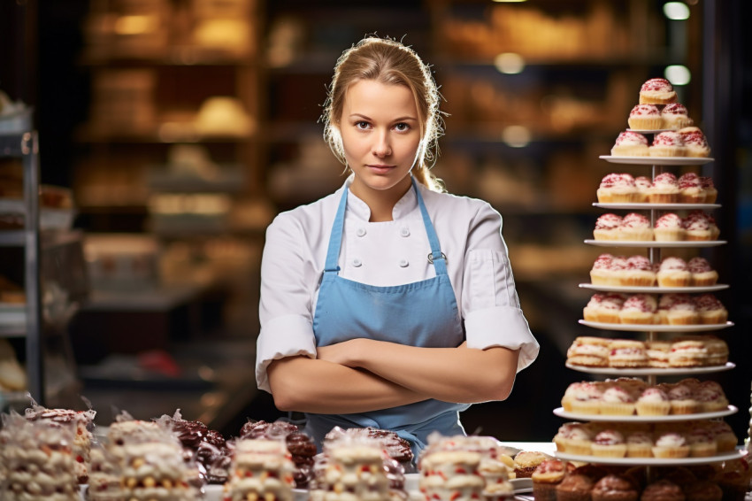 Skilled female baker creating delicious desserts in a kitchen a blurred background