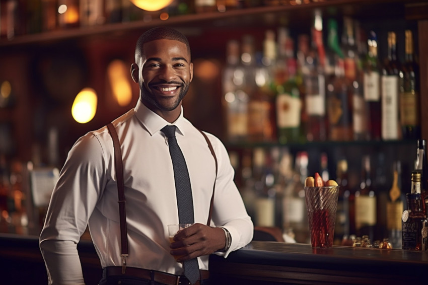 Assured bar manager oversees operations against a blurred background