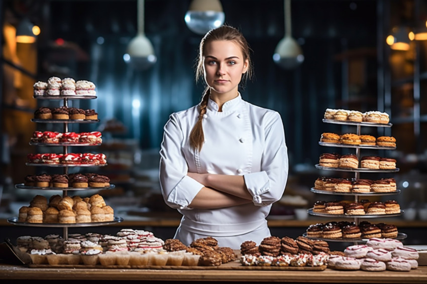 Skilled female baker creating delicious desserts in a kitchen a blurred background