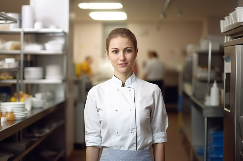 Skilled female chef supervises kitchen operations against ablurred background