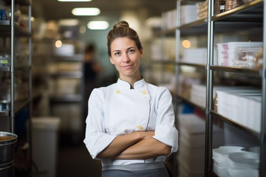 Skilled female chef supervises kitchen operations against ablurred background