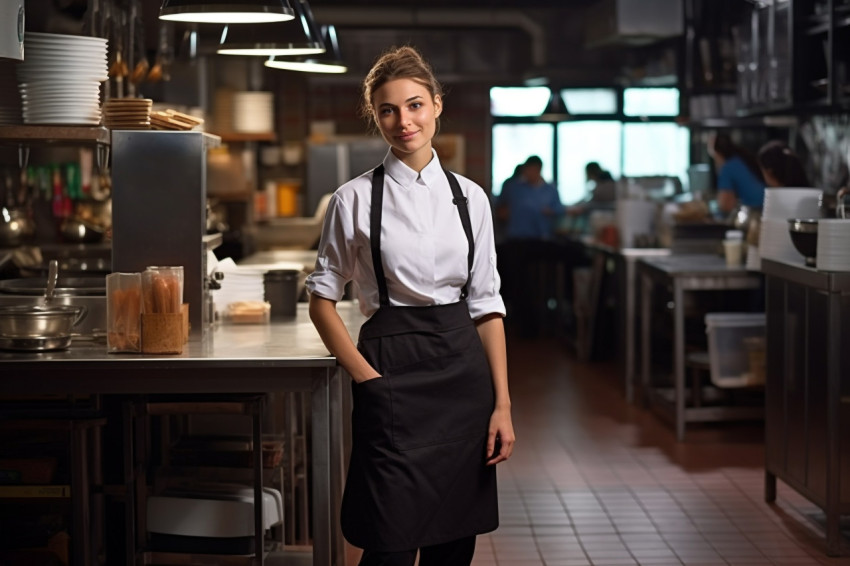 Skilled female chef supervises kitchen operations against ablurred background