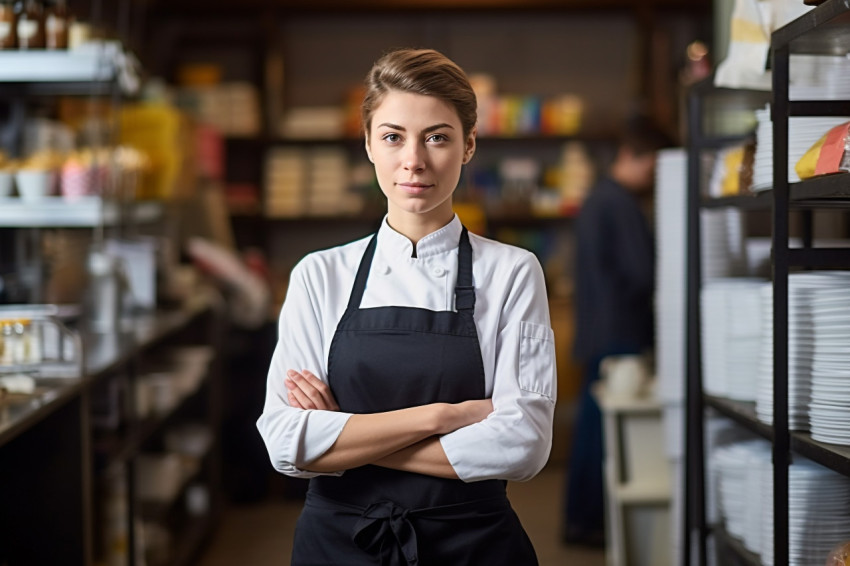 Skilled female chef supervises kitchen operations against ablurred background