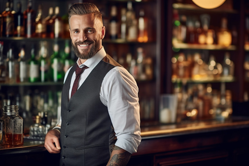 Skilled bartender mixing drinks with a blurred background