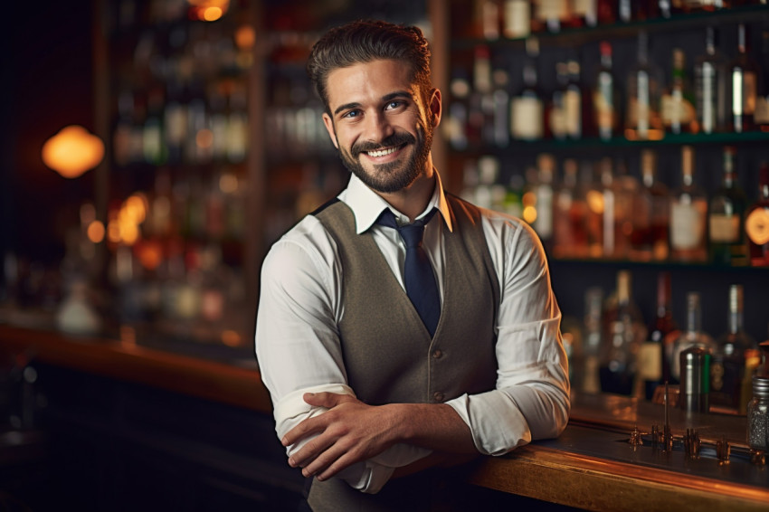 Skilled bartender mixing drinks with a blurred background