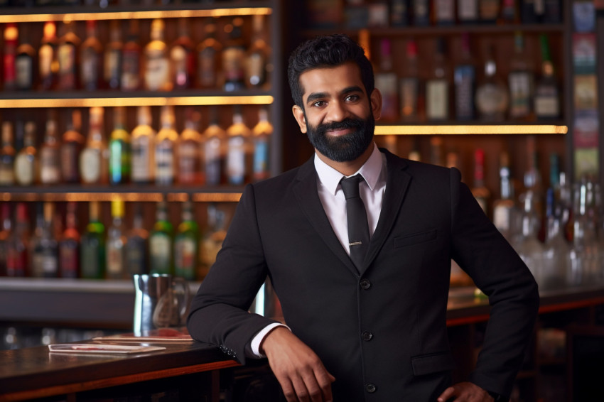 Skilled Indian bar manager working confidently a blurred background