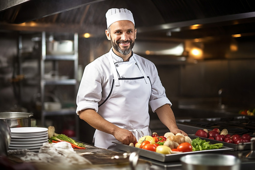 Skilled chef masterfully prepares a culinary masterpiece a blurred background