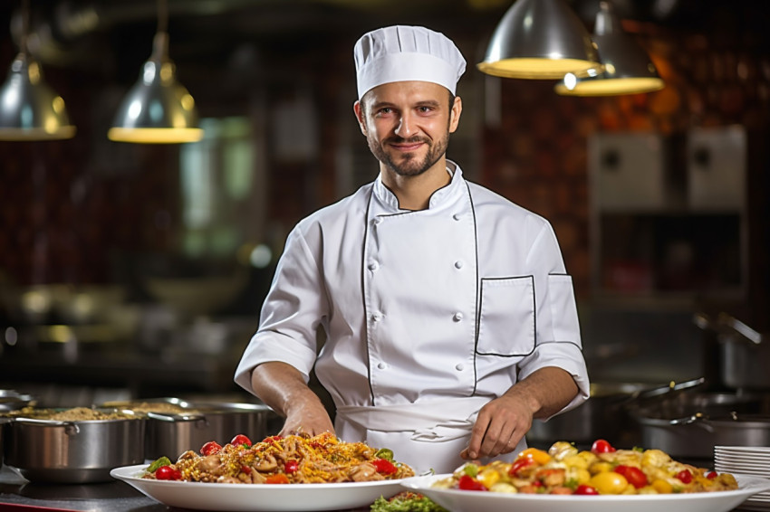 Skilled chef masterfully prepares a culinary masterpiece a blurred background