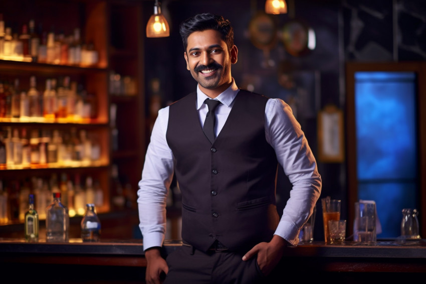 Skilled Indian bar manager working confidently a blurred background