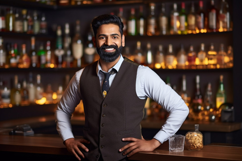 Skilled Indian bar manager working confidently a blurred background