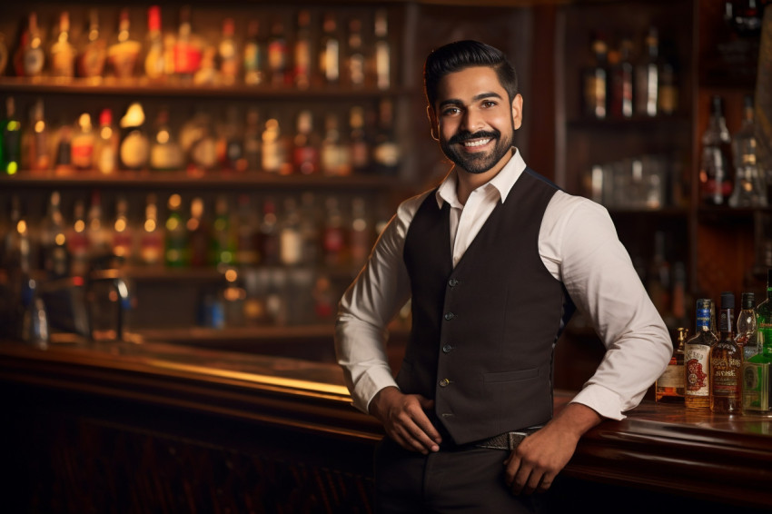 Skilled Indian bar manager working confidently a blurred background