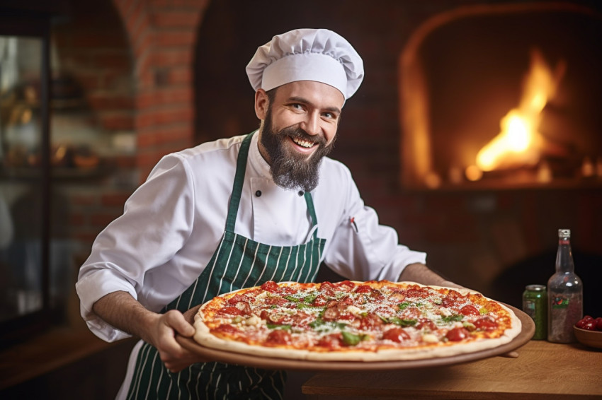 Cheerful pizza chef prepares delicious pizza in bustling kitchen on blurred background