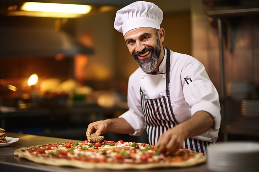 Cheerful pizza chef prepares delicious pizza in bustling kitchen on blurred background