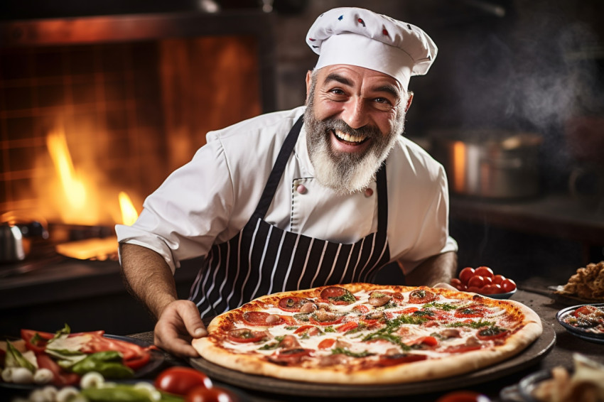 Cheerful pizza chef prepares delicious pizza in bustling kitchen on blurred background