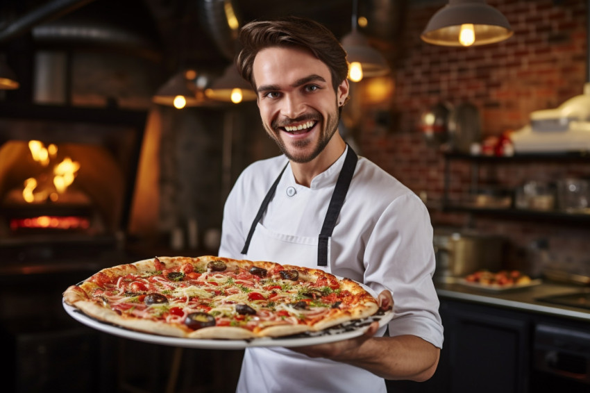 Cheerful pizza chef prepares delicious pizza in bustling kitchen on blurred background