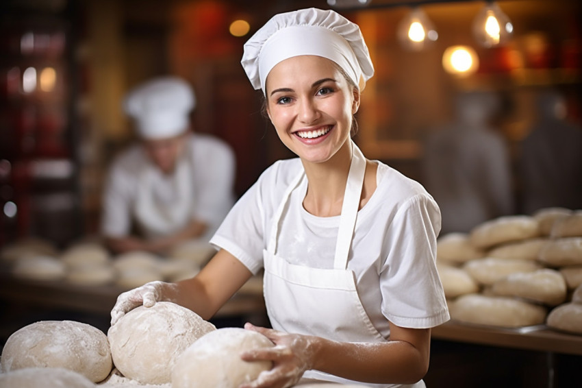 Joyful female baker crafting in a bakery with a blurred background