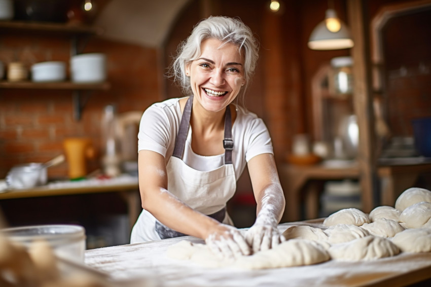 Joyful female baker crafting in a bakery with a blurred background