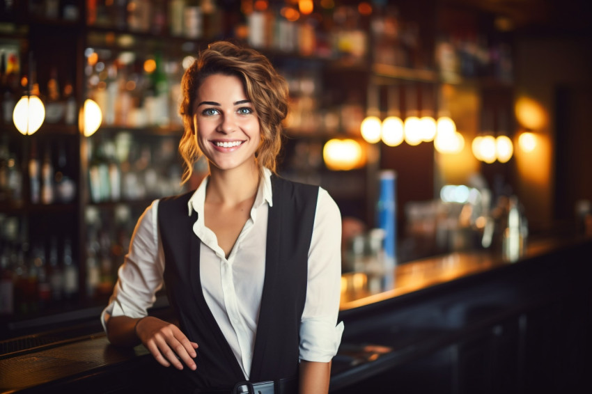 Gracious female bar manager cheerfully serving customers on blurred background