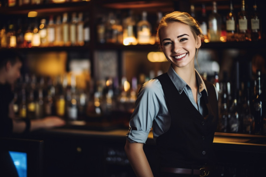 Gracious female bar manager cheerfully serving customers on blurred background