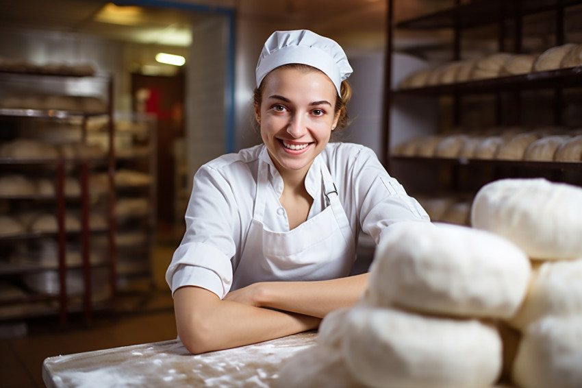 Joyful female baker crafting in a bakery with a blurred background