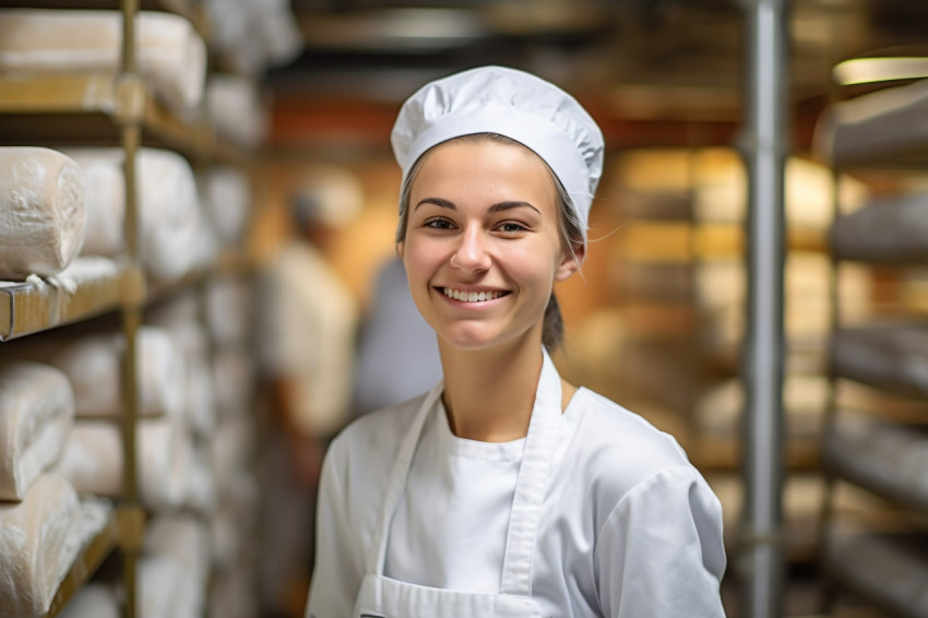 Joyful female baker crafting in a bakery with a blurred background