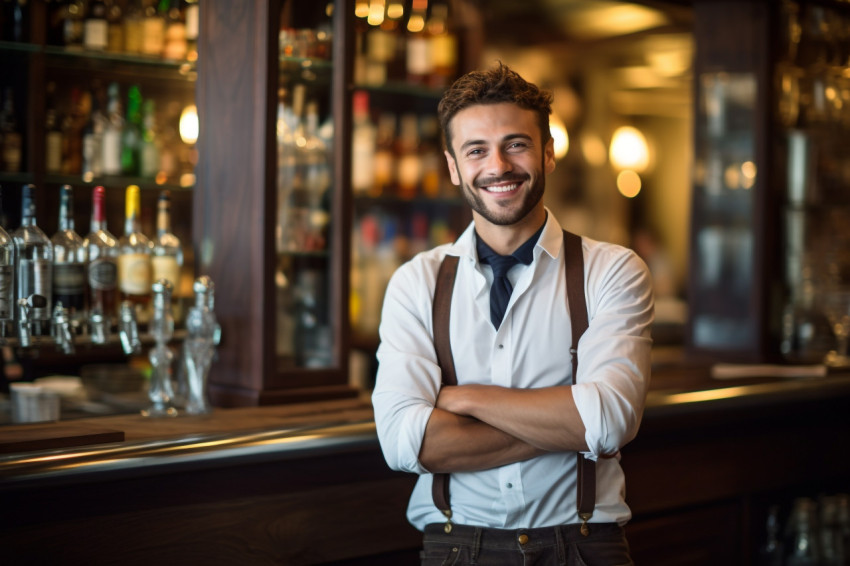 Gracious female bar manager cheerfully serving customers on blurred background