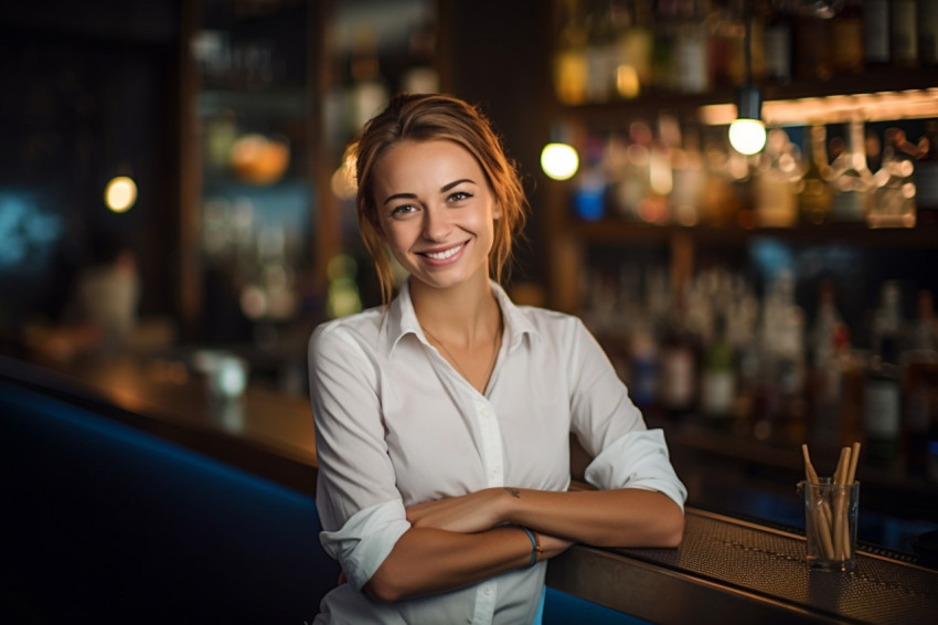 Gracious female bar manager cheerfully serving customers on blurred background