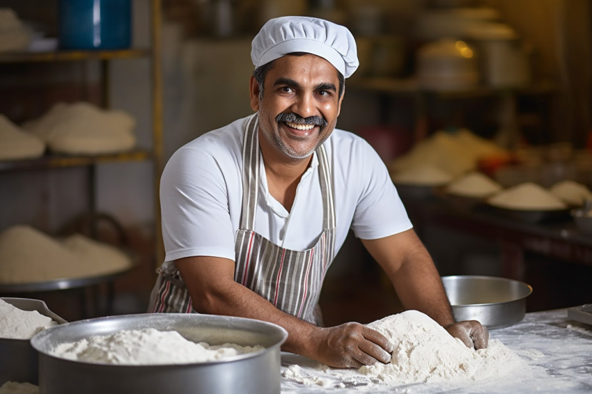 Happy Indian baker kneading dough in kitchen on blurred background