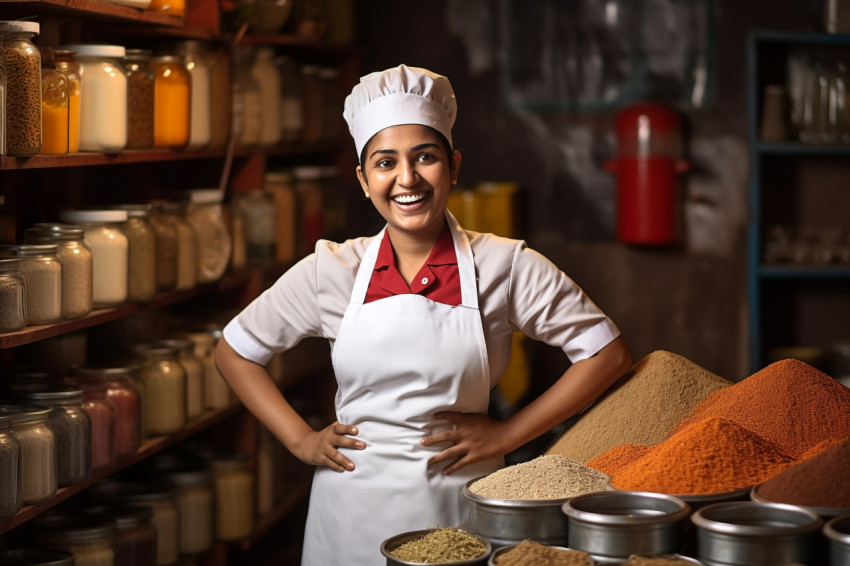 Happy Indian female chef preparing food in kitchen on blurred background