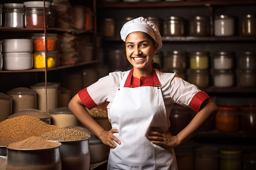 Happy Indian female chef preparing food in kitchen on blurred background