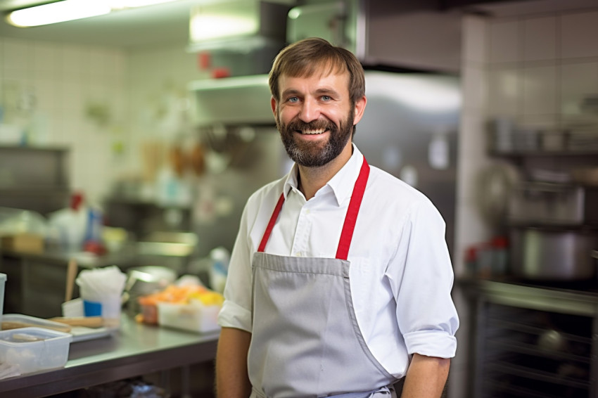 Cheerful chef overseeing kitchen operations against a blurred background