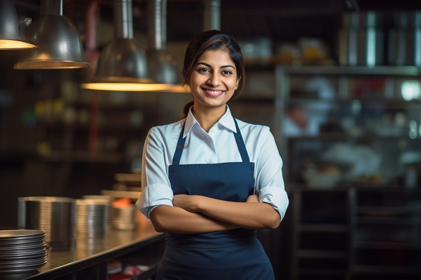 Smiling Indian woman restaurant manager working on blurred background