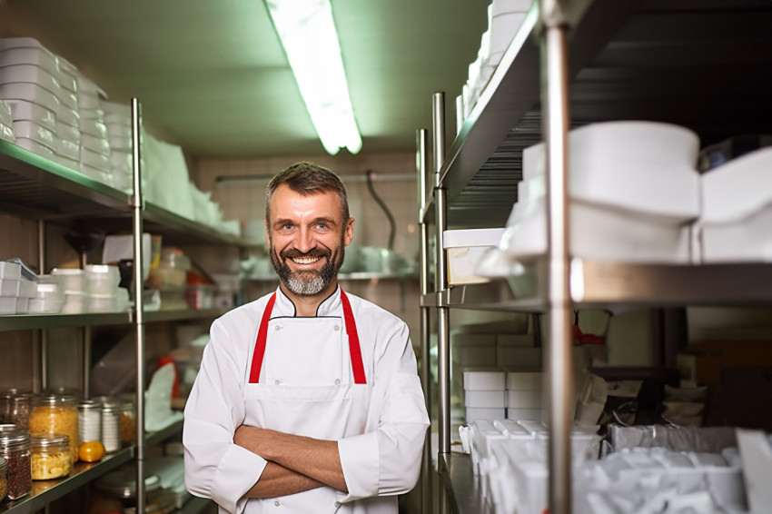 Cheerful chef overseeing kitchen operations against a blurred background