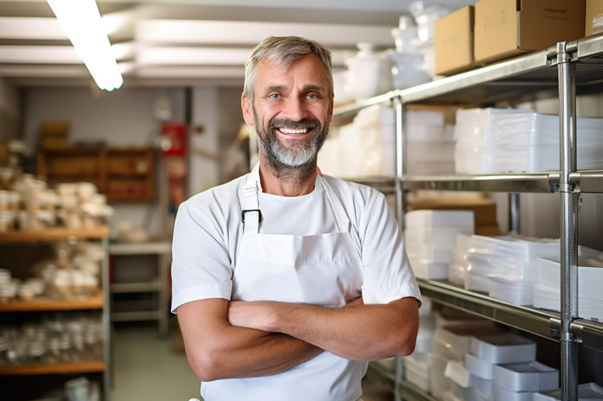 Cheerful chef overseeing kitchen operations against a blurred background