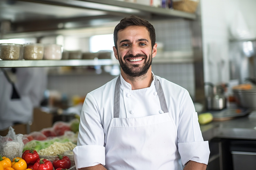 Cheerful chef overseeing kitchen operations against a blurred background