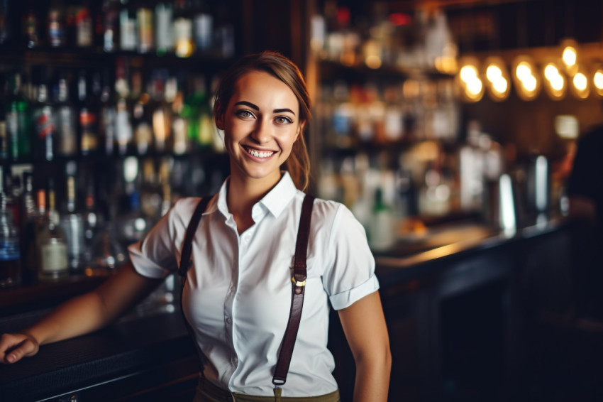 Cheerful female bartender mixing drinks against a blurred background