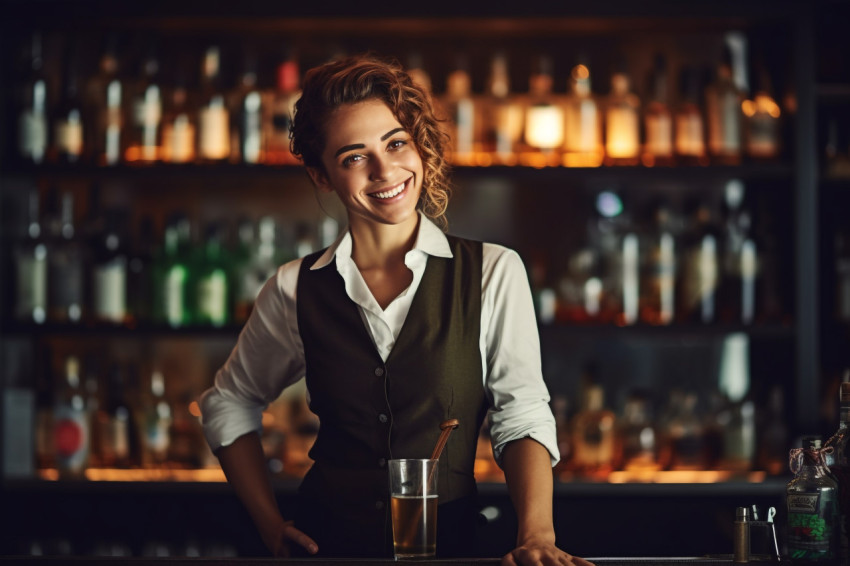 Cheerful female bartender mixing drinks against a blurred background