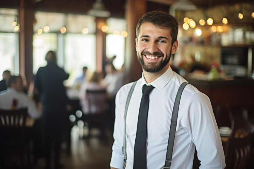 Cheerful restaurant manager with a welcoming smile a blurred background