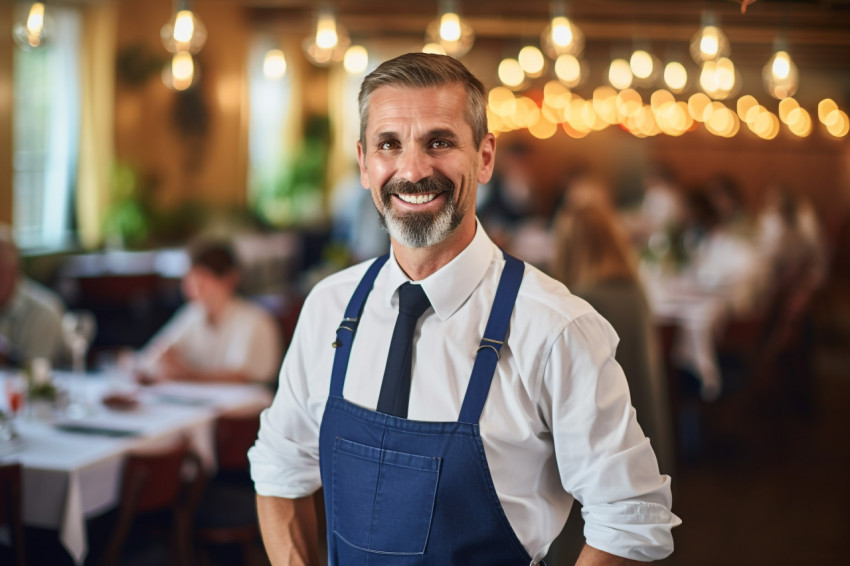 Cheerful restaurant manager with a welcoming smile a blurred background