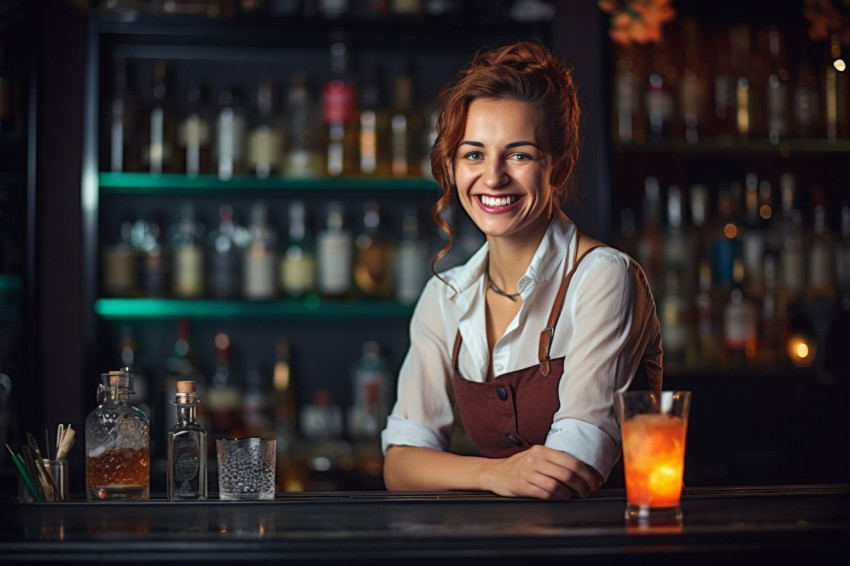 Cheerful female bartender mixing drinks against a blurred background