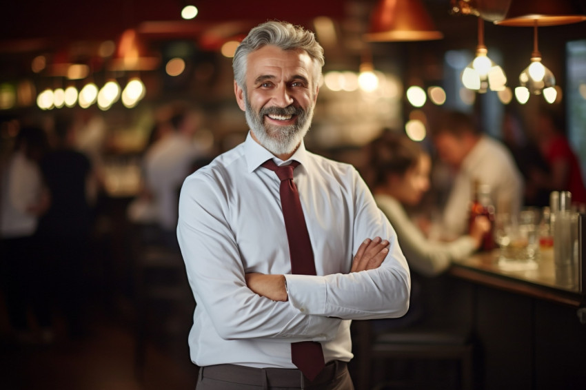 Cheerful restaurant manager with a welcoming smile a blurred background