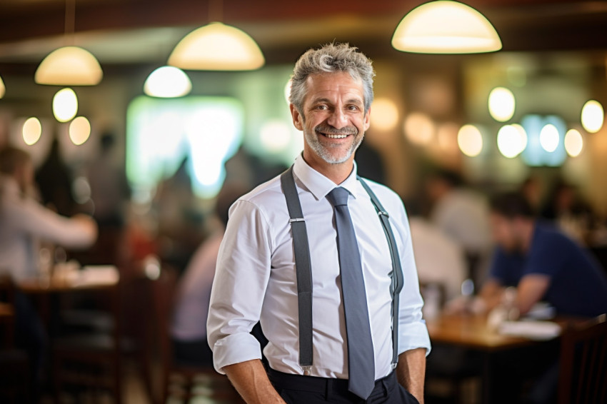 Cheerful restaurant manager with a welcoming smile a blurred background