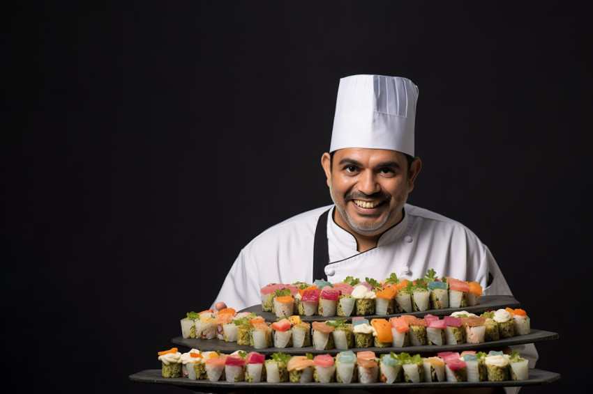 Happy Indian sushi chef preparing fresh sushi rolls on blurred background