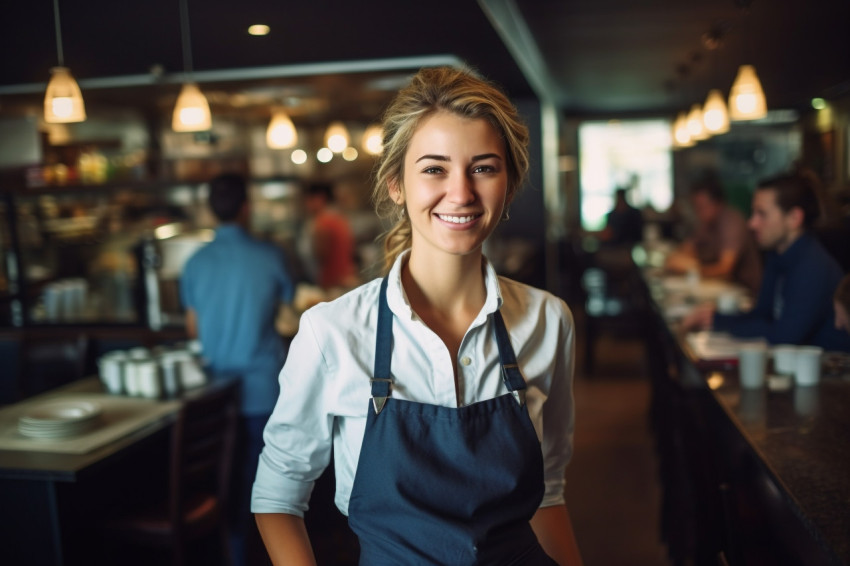 Gracious female restaurant manager cheerfully working against on blurred background