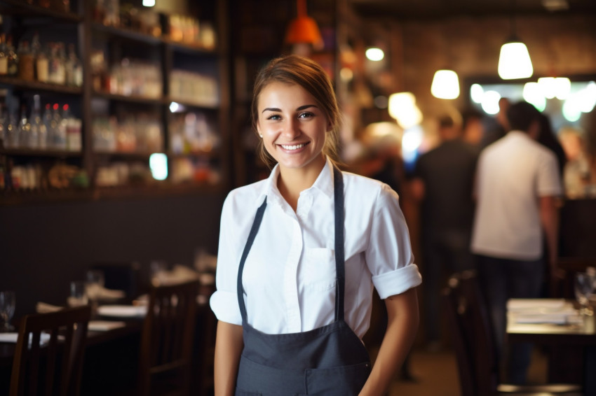 Gracious female restaurant manager cheerfully working against on blurred background