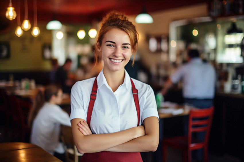 Gracious female restaurant manager cheerfully working against on blurred background