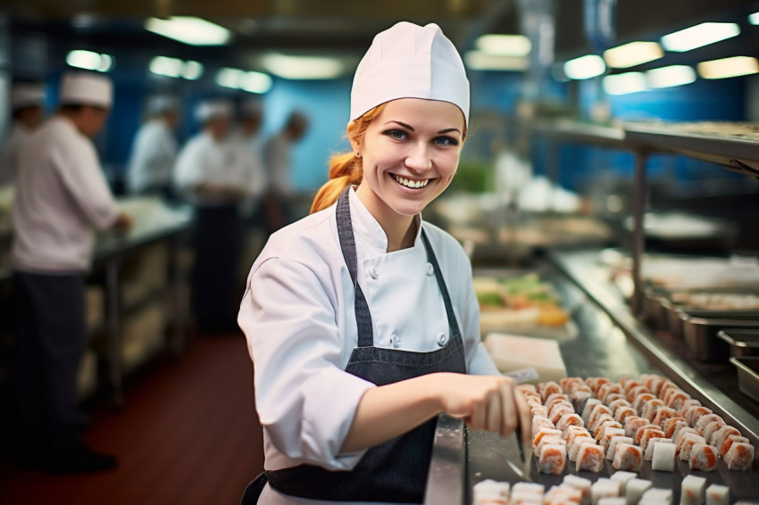 Smiling female sushi chef preparing fresh sushi rolls on blurred background